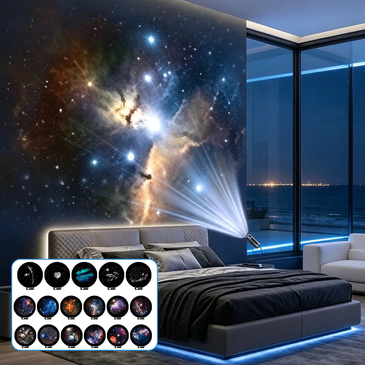 Lampe/projection « ciel étoilé » du projecteur mini LED, projecteur thématique sur le thème de la galaxie avec design moderne et épuré et plusieurs options de motifs célestes pour la projection murale