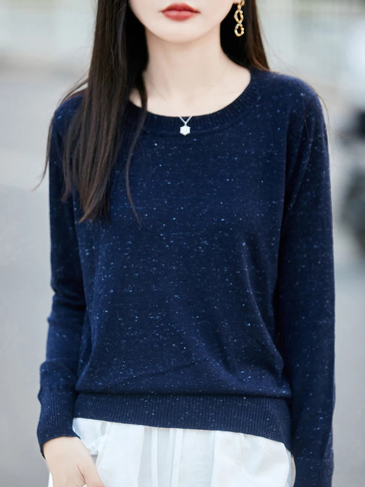 Women Fine Wool Sweater O-neck Fancy Yarn Pullover Autumn Winter Knitwear Casual Clothing Bottoming Itch-Free Top for Festival
