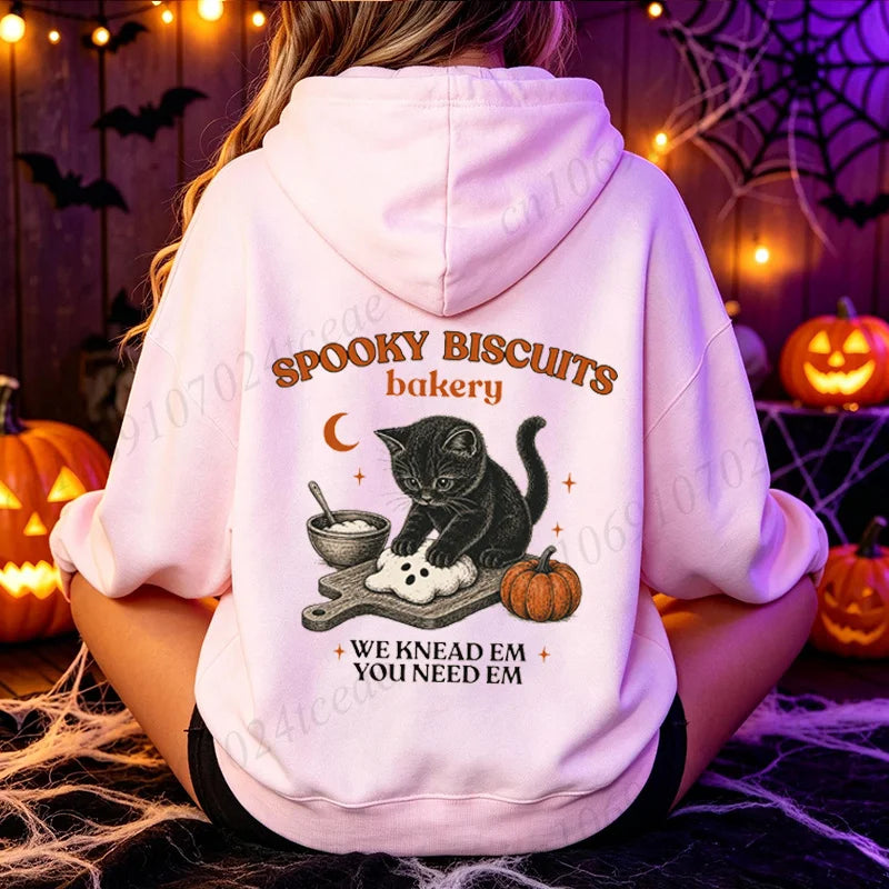 Fashion Women Hoodies Long Sleeve Streetwear Black Cat Biscuits Graphic Hooded Hoodies Spooky Season Halloween Fall Sweatshirts