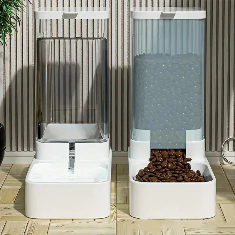 two modern pet feeders including a clear water dispenser and a translucent blue-tinted gravity pet feeder for food storage with brown kibble