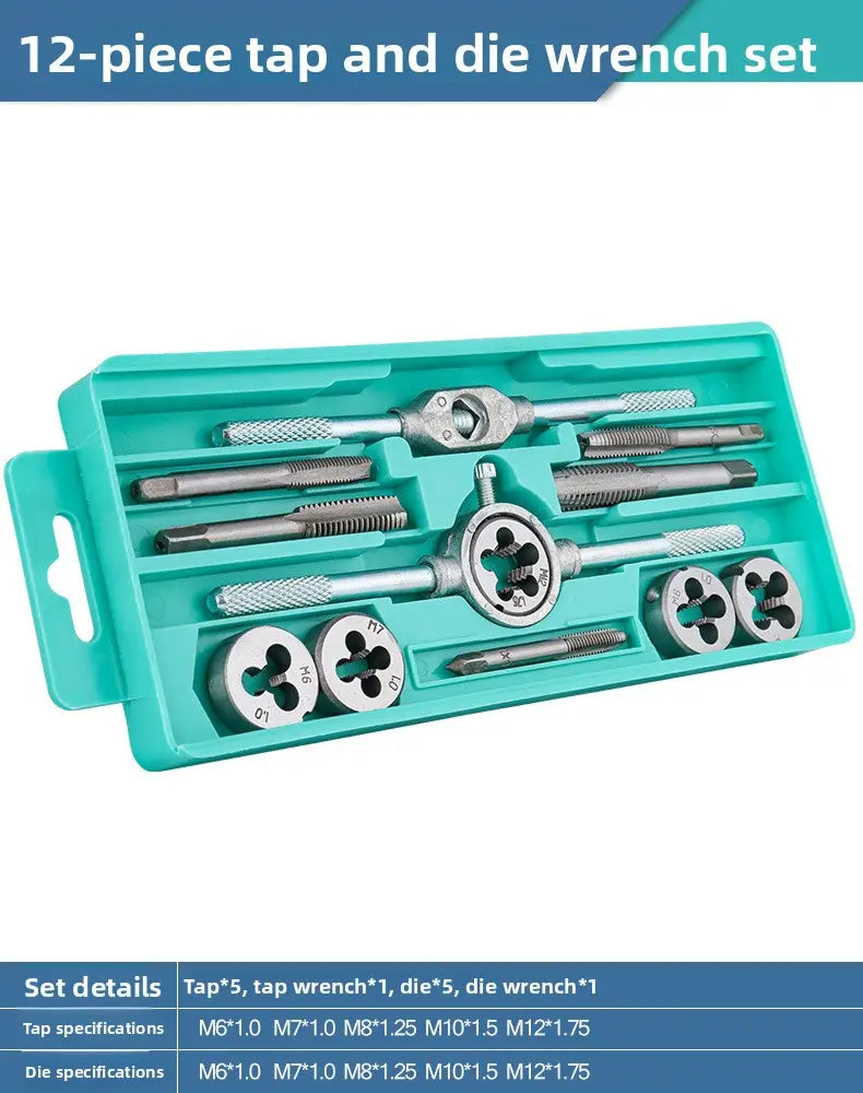 A 12-piece tap and die set thread cutting tool kit in a teal plastic case featuring metallic tools with threaded ends and engraved specifications.