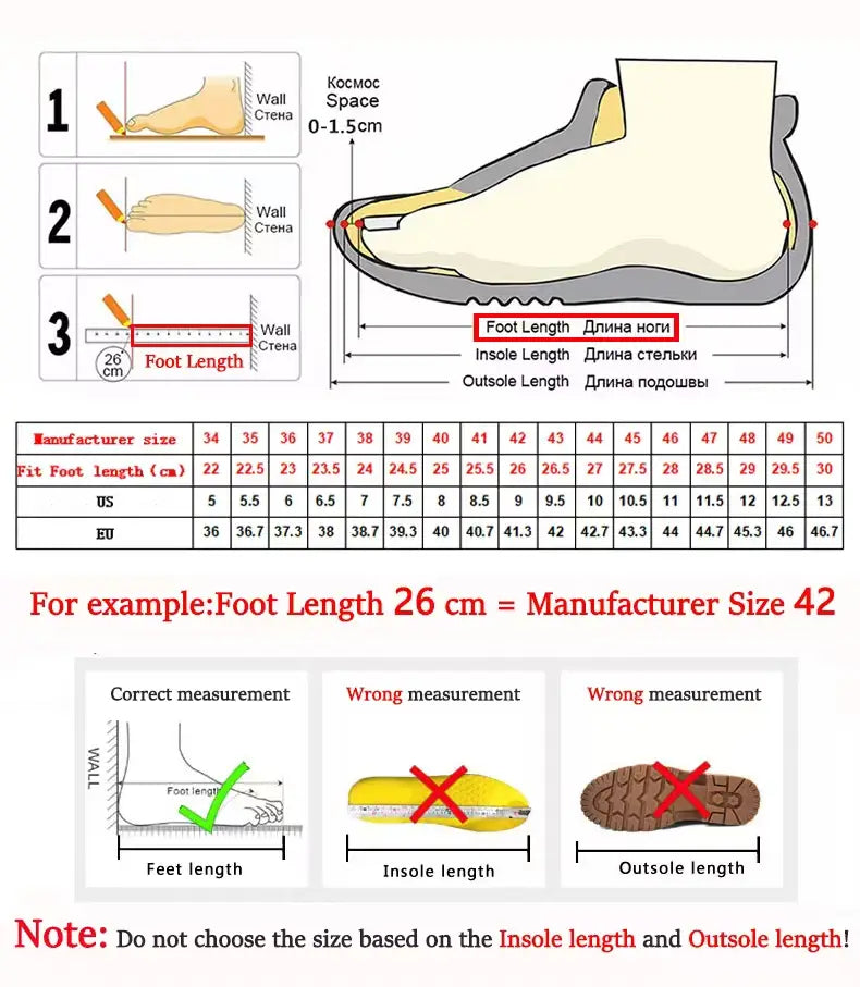A detailed shoe sizing guide diagram illustrating foot measurements and size conversions for men’s leather brogue dress shoes.