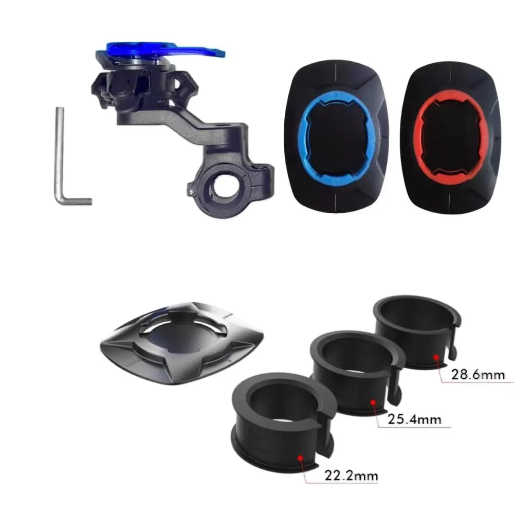 black plastic magnetic bike phone mount with blue adjustment knob and black with blue and red circular phone holders for universal handlebar gps holding