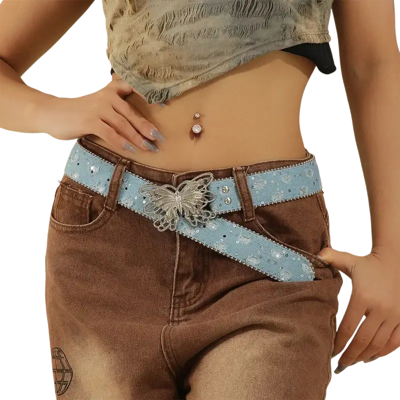 Light blue sequined y2k butterfly leather belt with a silver butterfly buckle shown from the front angle