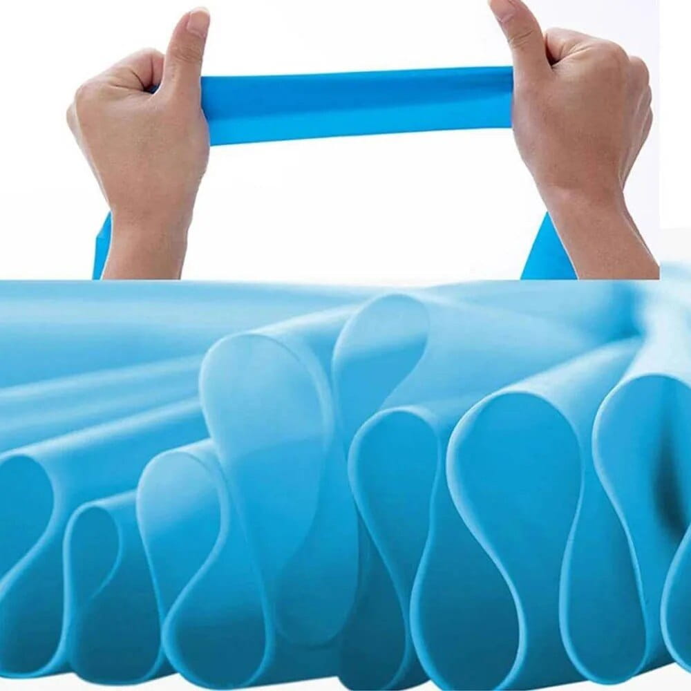 Bright blue silicone resistance workout band with a ribbed texture designed for home fitness exercises.