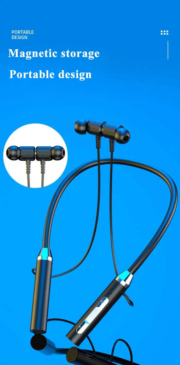 Schwarze und türkisfarbene magnetische Nackenband-Wireless-Earbuds mit elegantem modernem Design für Gaming und Bluetooth-Konnektivität mit LED-Anzeige.