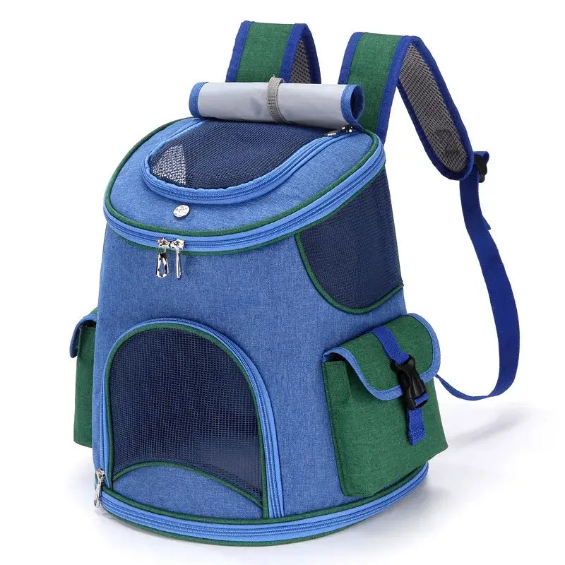 Mochila de viaje para mascotas de tela Oxford color azul y verde, con paneles de malla, cierres con cremallera y correas ajustables, diseñada para caminatas y para suministros para mascotas al aire libre.