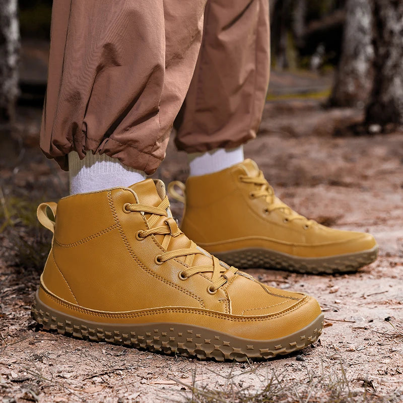 Men Wide Toe Barefoot Hiking Boots Mid‑Top Leather Minimalist Shoes Flexible Zero‑Drop Non‑Slip Outdoor Trail Walking Footwear