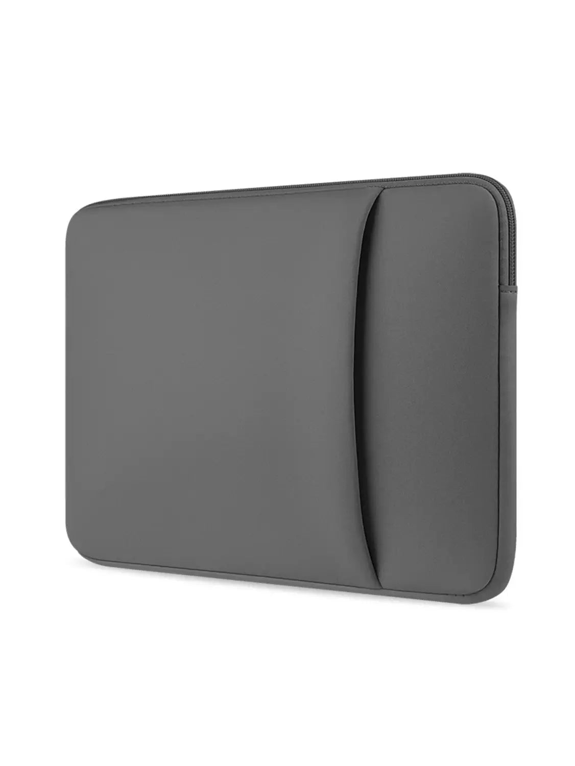 Graue multifunktionale Neopren-Laptoptasche mit glatter, matter Oberfläche und dezentem Detail mit vertikaler Naht für Laptops von 11 bis 17 Zoll.
