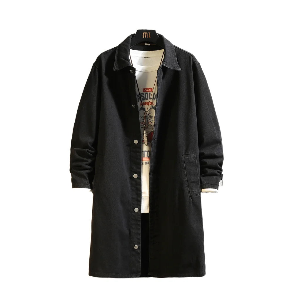 High Street Men's Trench Coat M-5XL Long Style Washed Retro Blue Black Denim Jacket Vintage Outerwear for Spring Autumn