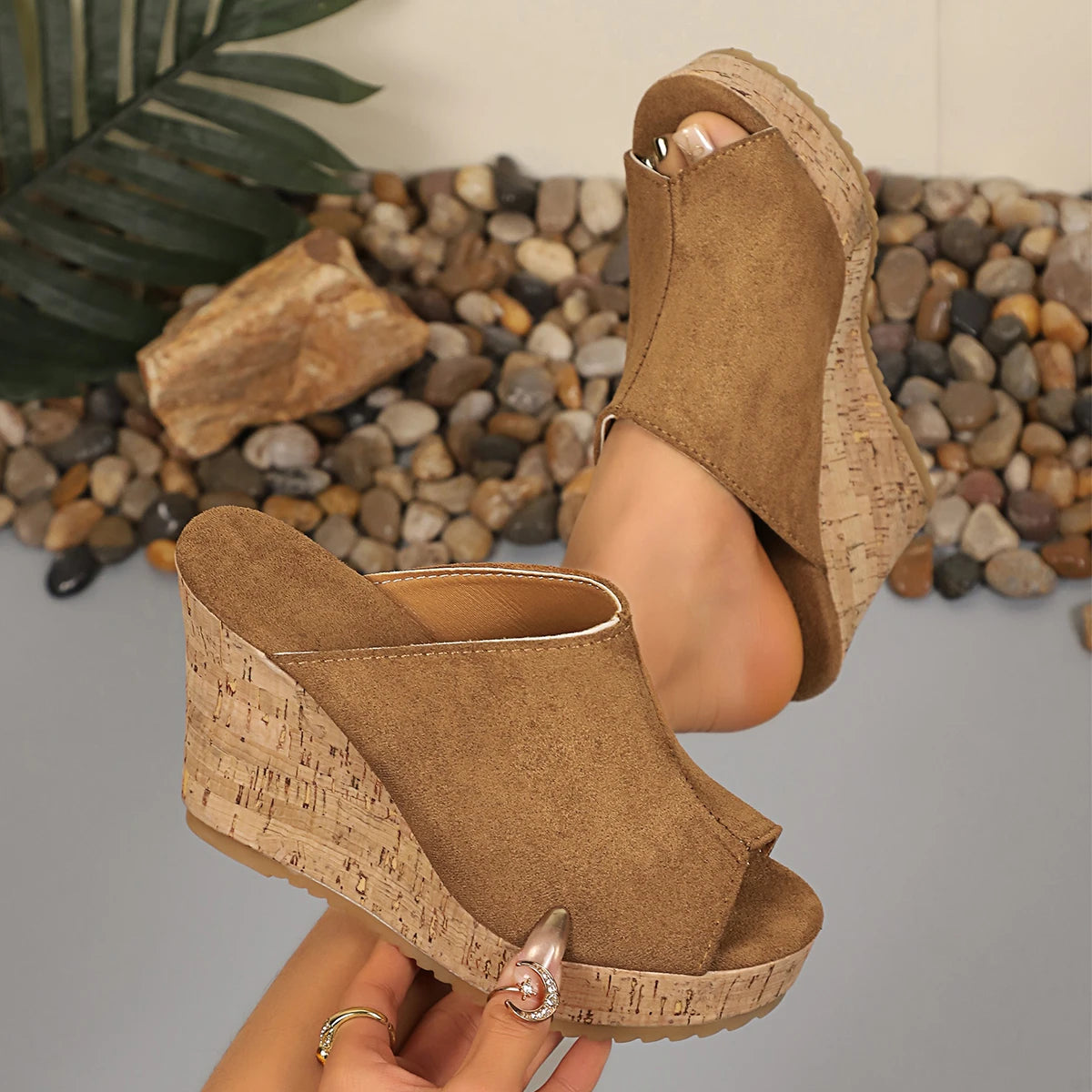Women Sandals Open-toed High Heels Slippers Solid Retro Platform Sandals Summer Anti-slip Wear-resistant Wedges Shoes for Women