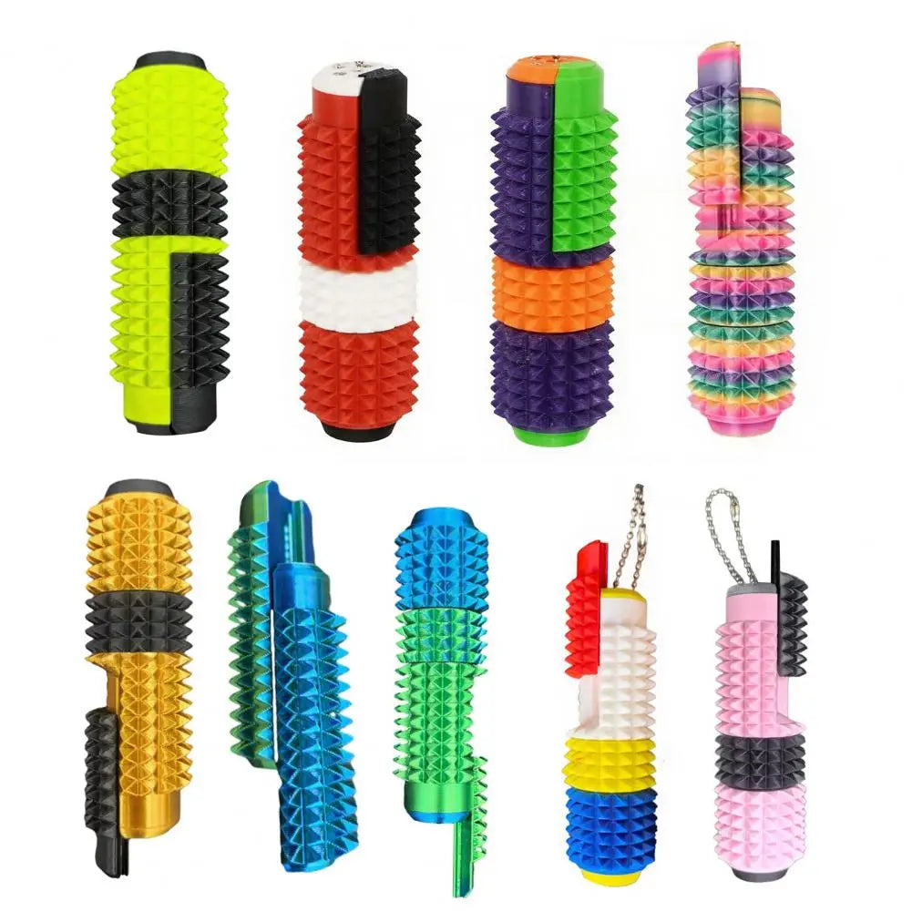 Rodillo giratorio para fidget con pinchos de espuma segmentada de colores llamativos, diseñado como juguete antiestrés tipo fidget 5 en 1.