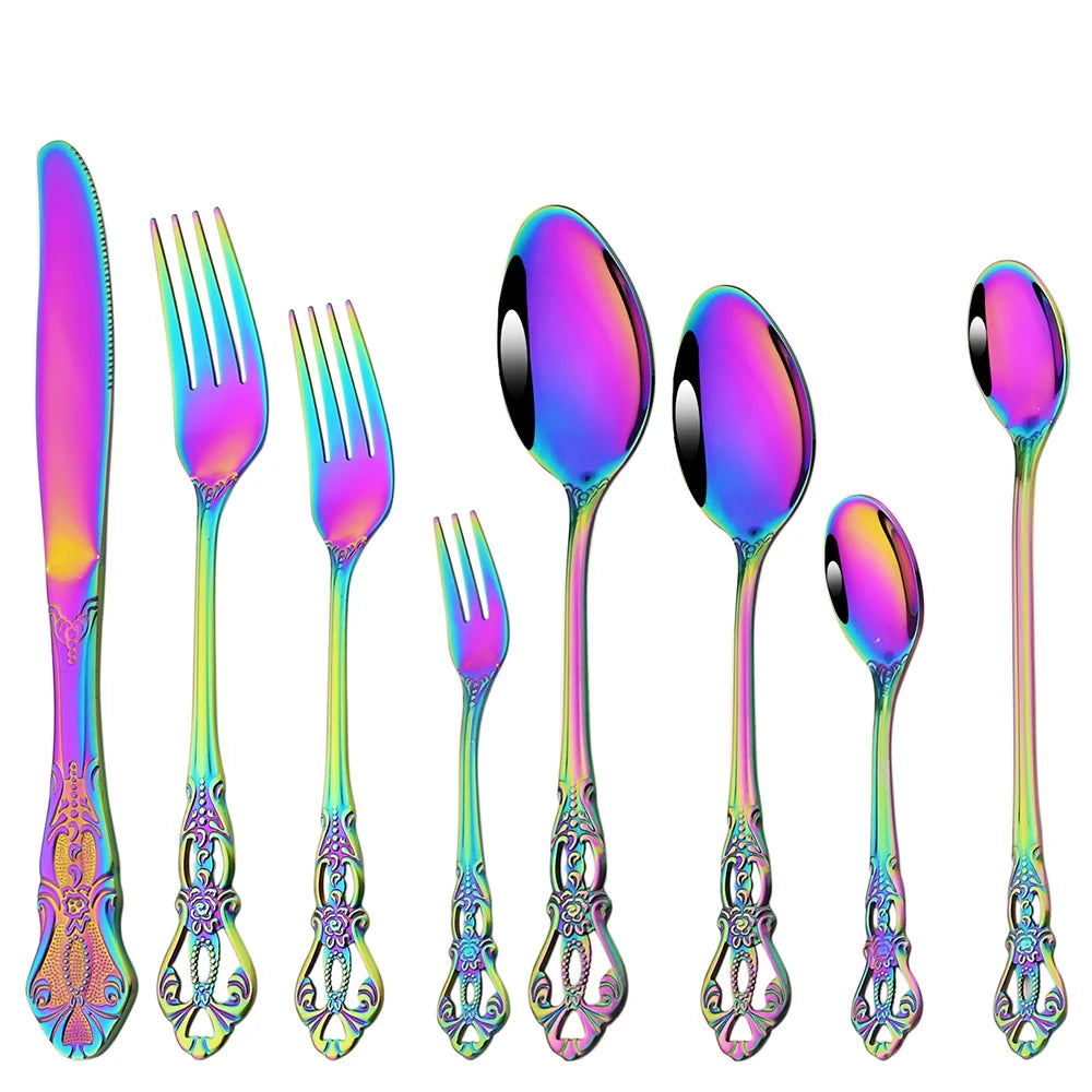 Stainless Steel Cutlery Set Knife Tea Fork Ice Cream Spoon Tableware Set Western Kitchen Flatware Rainbow Vintage Dinnerware Set