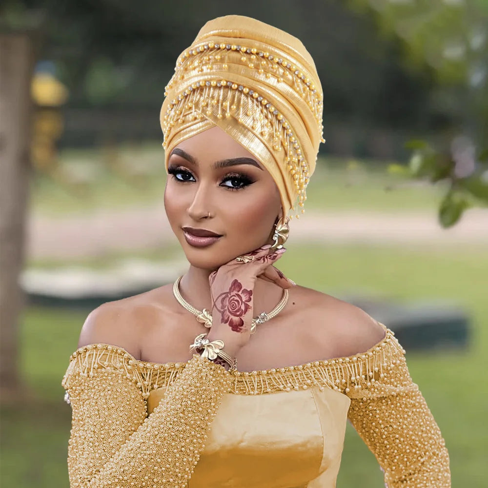 Fashion Turban Cap for Women African Lady Head Wraps with Beading Tassels Nigeria Weding Party Hat Headwear