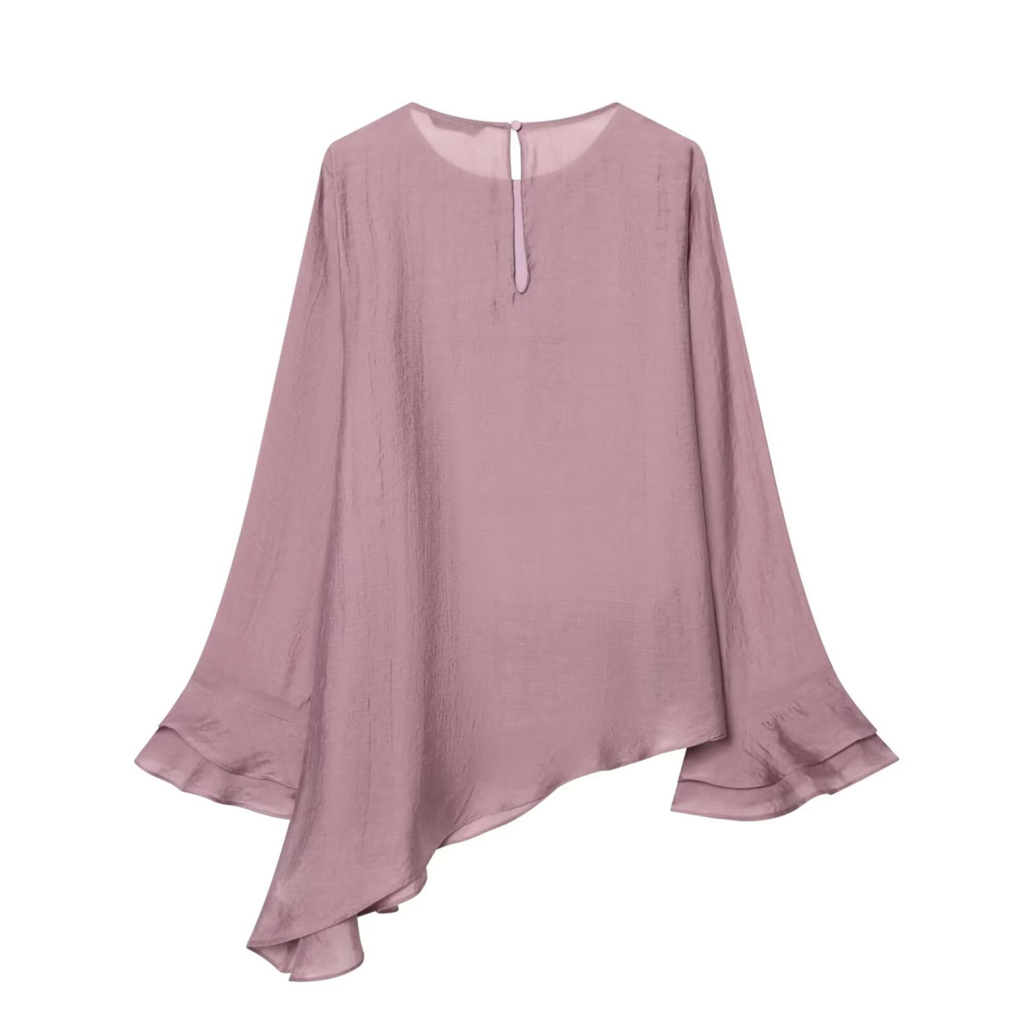 A soft mauve chiffon blouse with long flare sleeve style and a subtle asymmetrical hemline made of lightweight flowing fabric.