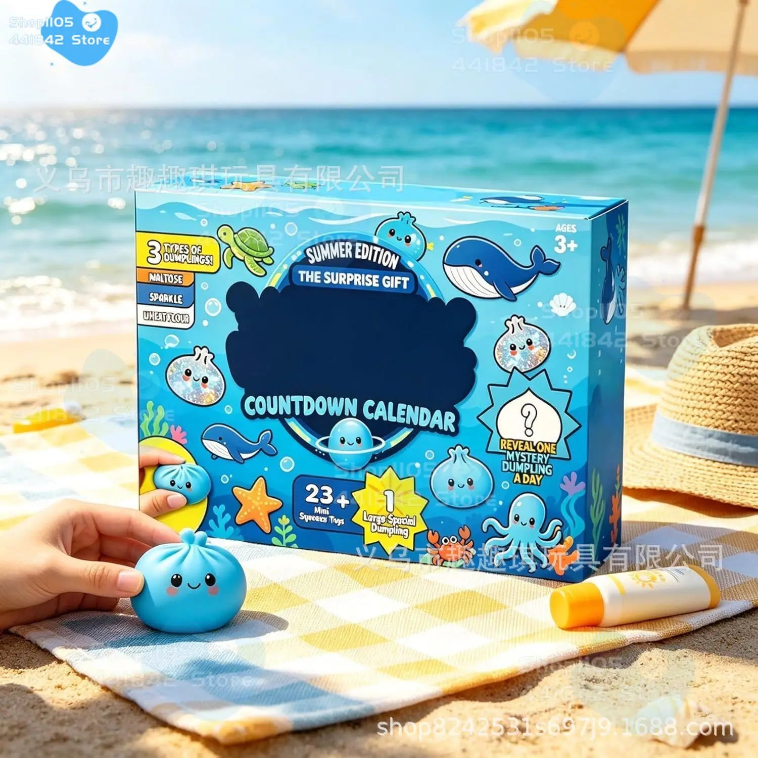 Boîte du calendrier de l’Avent à l’effigie de petites boulettes en carton à effet moelleux, sur le thème de l’océan bleu, comprenant des baleines et des boulettes en style cartoon pour collection de jouets moelleux.