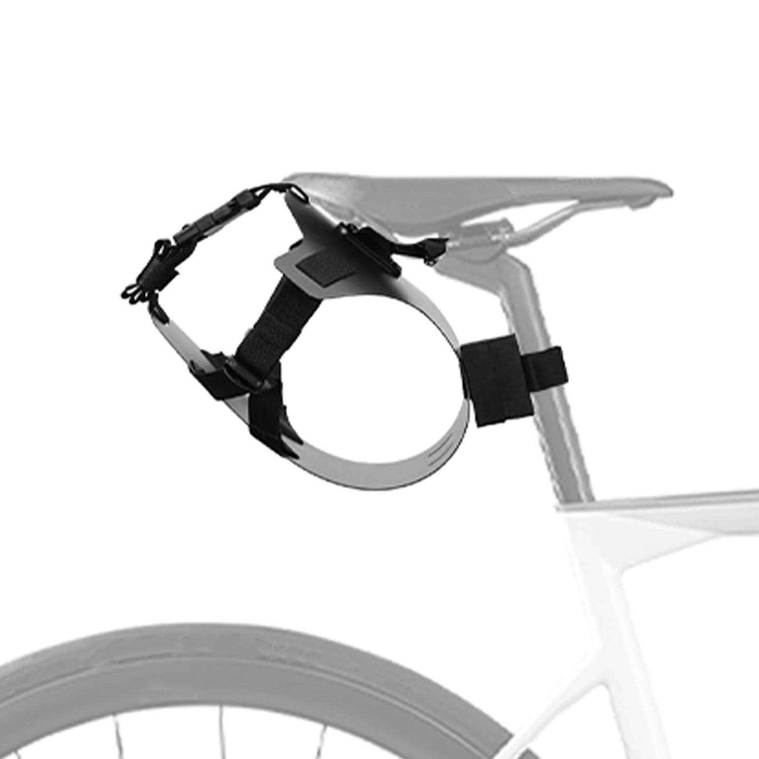 black bicycle seat-mounted water bottle holder with adjustable straps and circular clamp shown from the back side for secure attachment with bike saddle bag stabilizer bracket carrier