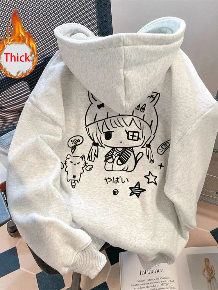Cartoon Kawaii Hoodies Women Thick Warm Long Sleeve Loose Cute Sweatshirts Fall Winter Preppy Style Pockets Harajuku Female Tops