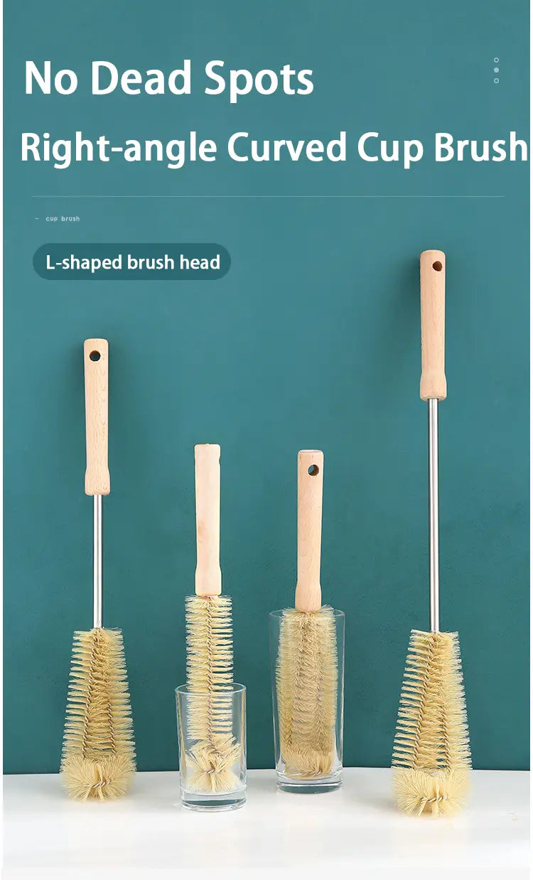 Lot de quatre brosses à bouteille en bois à long manche et à angles droits courbés, avec des manches en bois clair et des têtes de soies naturelles conçues pour nettoyer les tasses sans zones mortes.