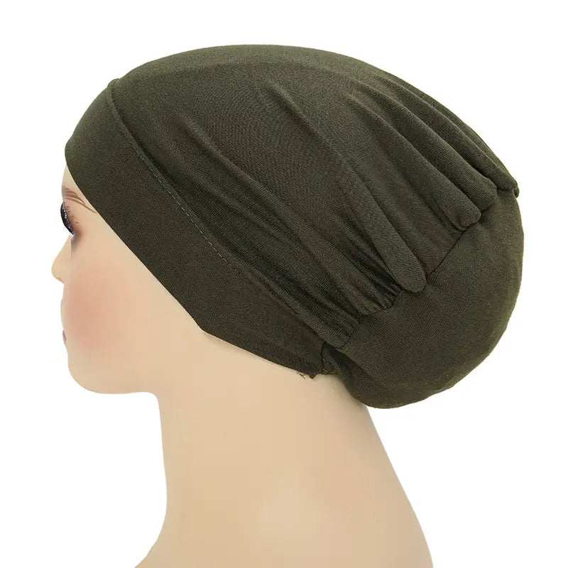 olive green stretchy jersey turban hat with soft gathered fabric and a snug fit from a stretchy jersey hijab cap and turban set