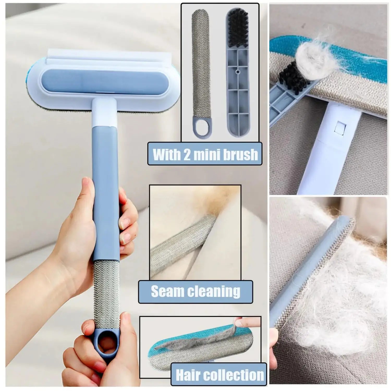 Reusable pet hair remover for furniture and carpets in light blue and white with a textured grip handle and two interchangeable mini brushes for seam cleaning and hair collection.