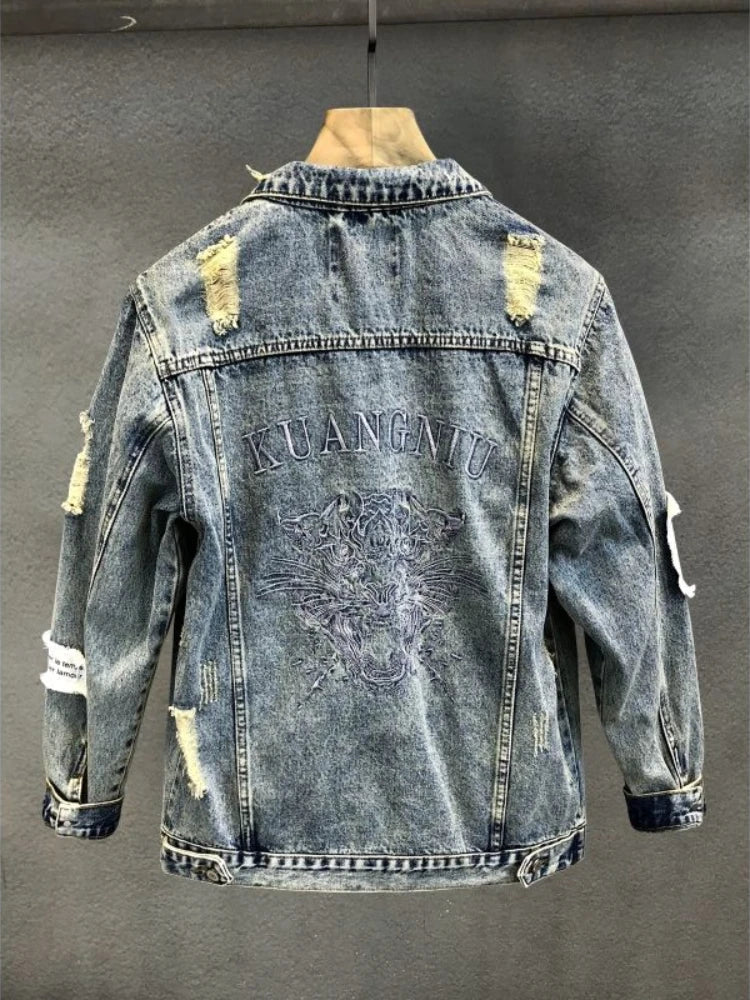 Men Vintage Embroidery Denim Jacket with Distressed Chic Casual Cowboy Fashionable Slim Fit Spring Autumn Youth Jeans Coat