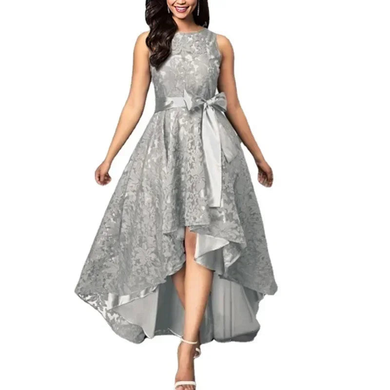 2026 Women's Wedding Bridesmaid Dress Elegant Lace Evening Sweet Party Dress Plus Size Slim High Waist Bow Maxi Dresses Female