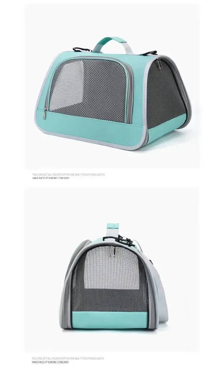 Sac bandoulière de transport pour animaux en maille respirante en toile turquoise et grise, avec panneau avant en maille, côtés en tissu souple et bretelles d’épaule réglables