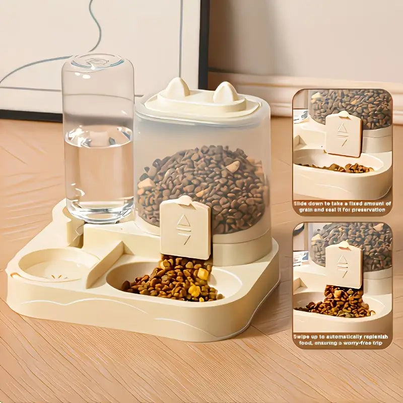 Cream-colored large pet feeder with transparent food container and glass water bottle featuring a sleek design for automatic portion control water dispenser.