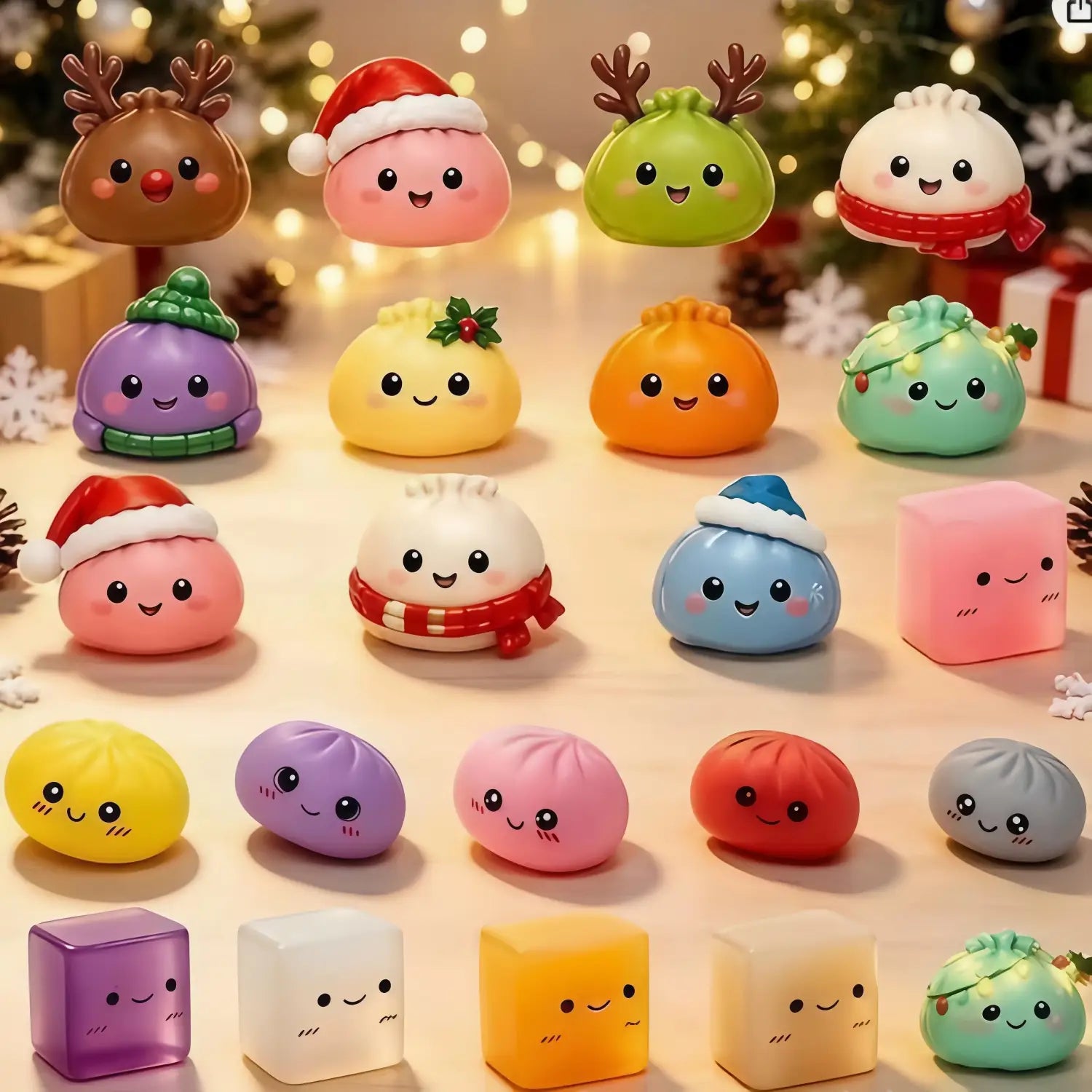 collection de figurines déhoussables en forme de raviolis colorés portant des chapeaux et des écharpes festifs du Père Noël, présentée dans un calendrier de l’avent de Noël de type déhoussable avec cadeau mystère surprise