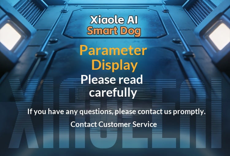 Blue metallic panel with illuminated text displaying xiaole ai smart dog parameter on the back side of the Ai Smart Robot Dog interactive electronic pet.