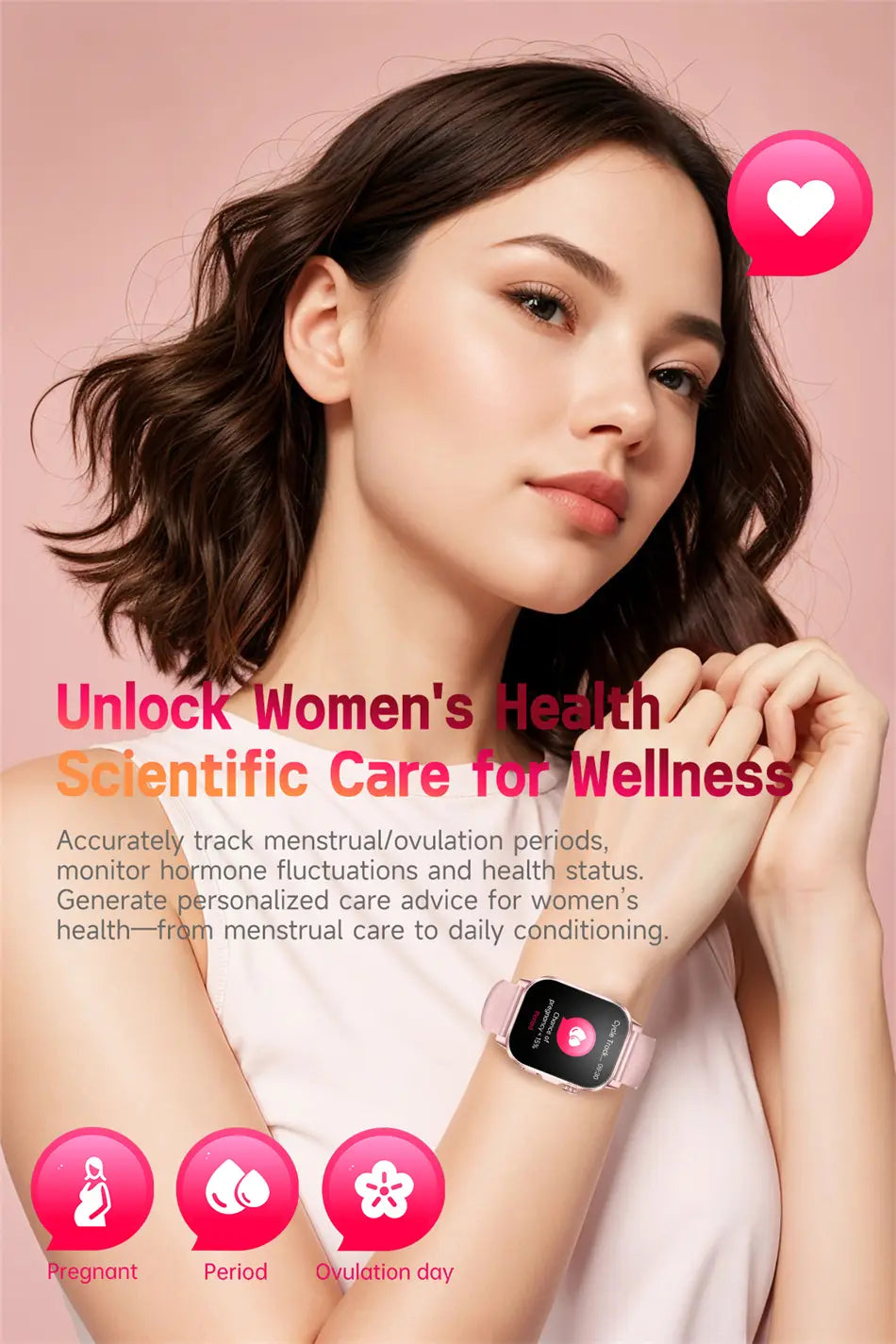 Pink ecg health monitoring smartwatch with rectangular screen and matching band worn on the wrist for blood pressure tracking.