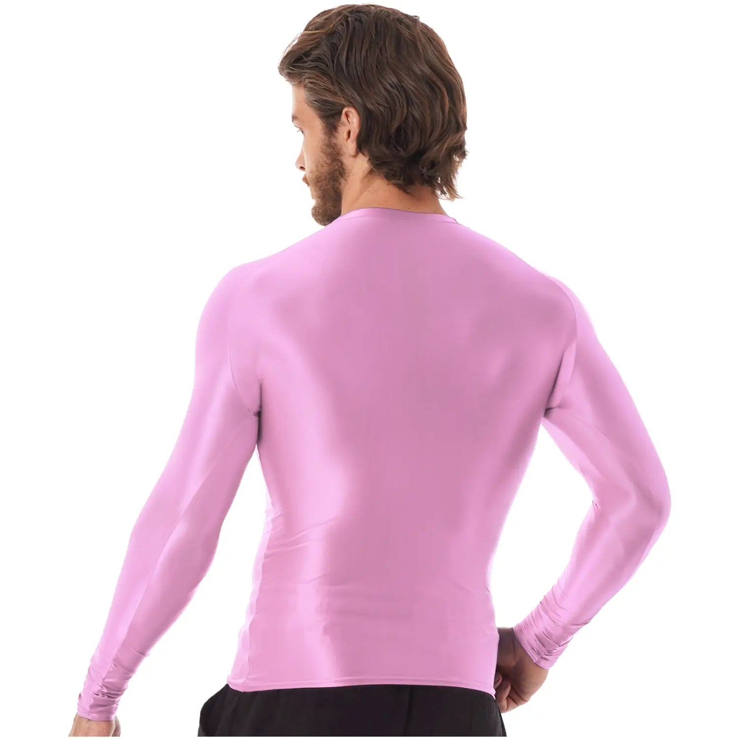 Camiseta de compresión para hombre de manga larga rosa elegante y brillante, confeccionada con un tejido liso y ajustado, diseñada para el uso atlético.