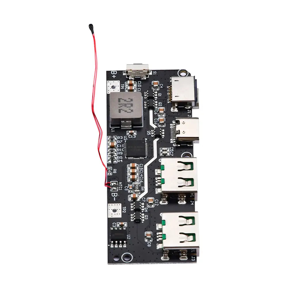 Carte de circuit imprimé noire pour module de charge sans fil rapide de 22,5 W avec affichage LCD, intégrant plusieurs ports USB et un fil rouge, prenant en charge la sortie de charge rapide.