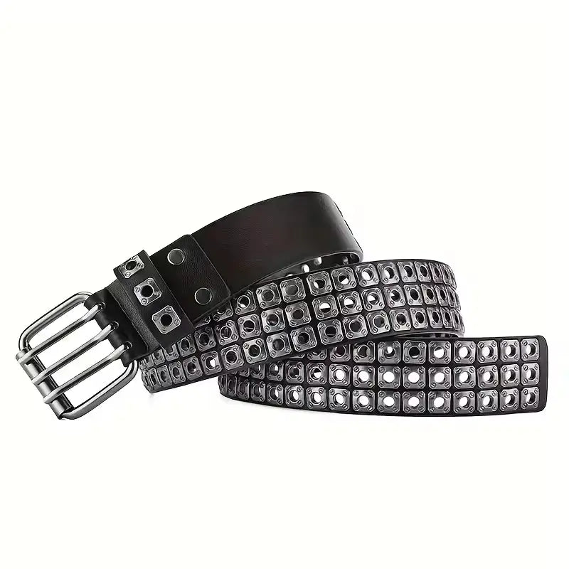 Black leather punk belt adorned with rows of silver-toned square studs and a matching metal buckle.