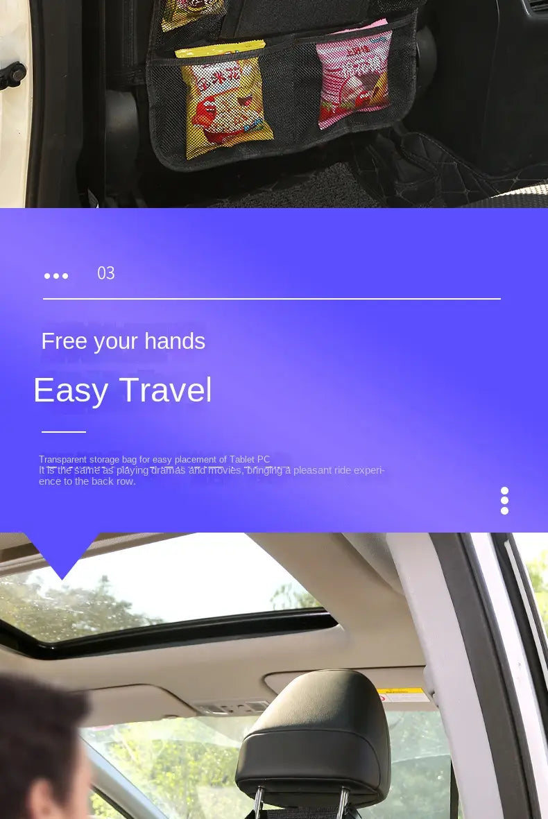 Black mesh car backseat organizer with multiple pockets holding snack bags and a tablet holder for vehicle storage and convenience.