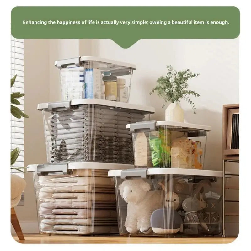 Boîte de rangement en plastique transparent avec couvercle et loquets, en plastique transparent, avec des couvercles de boîte blancs et gris, empilés soigneusement pour organiser des articles ménagers, taille environ grande, taille environ grande