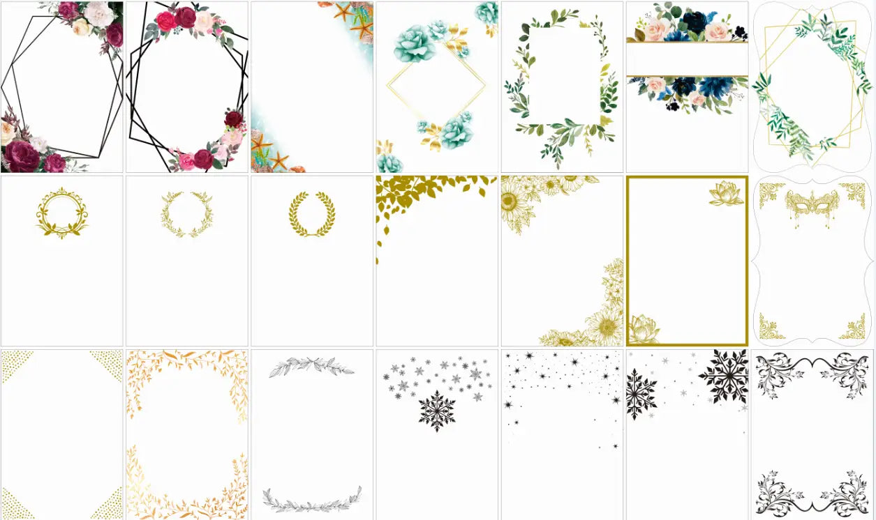 A collection of elegant floral and geometric frame designs in gold silver black white and pastel hues for custom acrylic Shabbat candle blessing souvenir 10pcs.