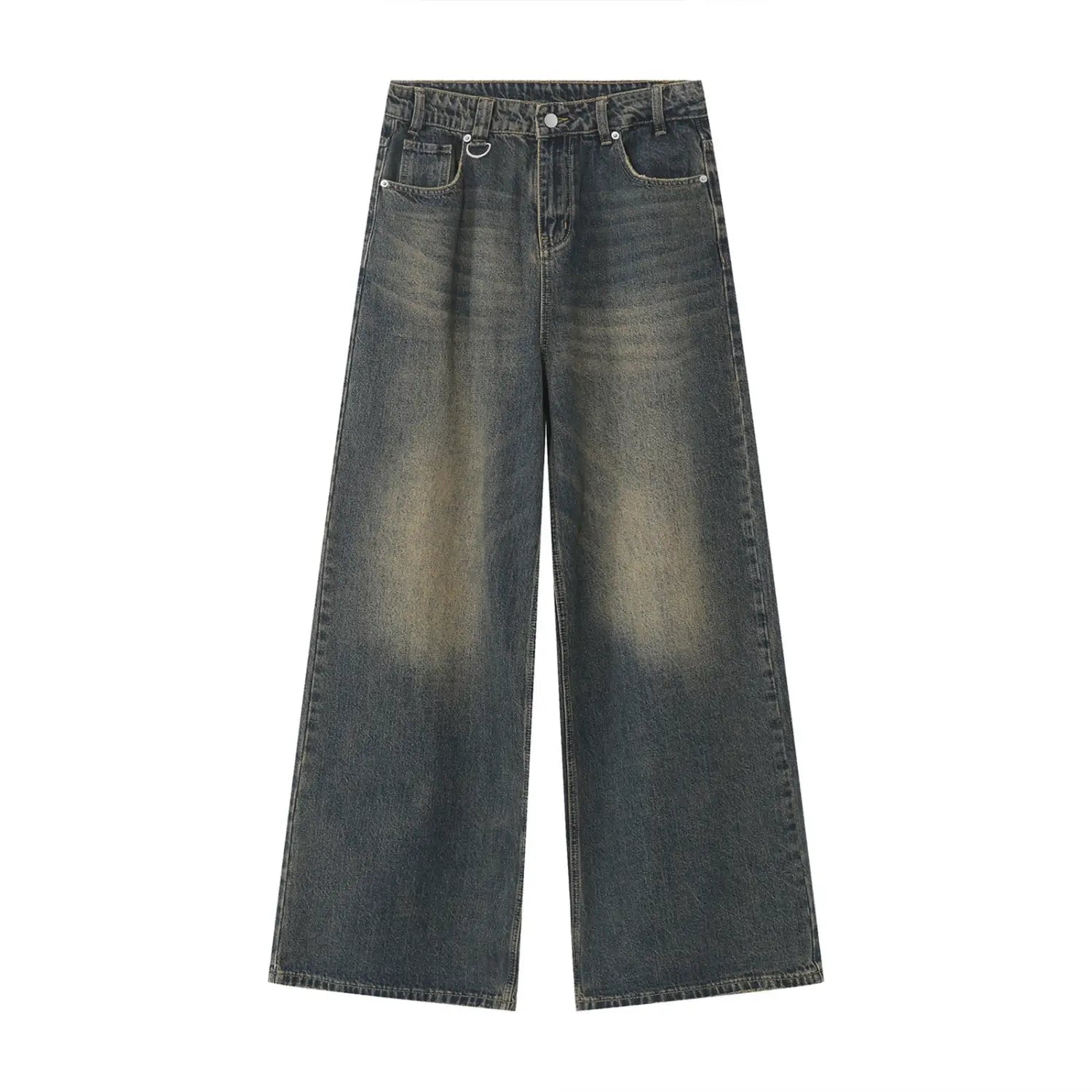 Men’s vintage wide leg baggy denim jeans in dark-wash with faded distressing and classic stitching.