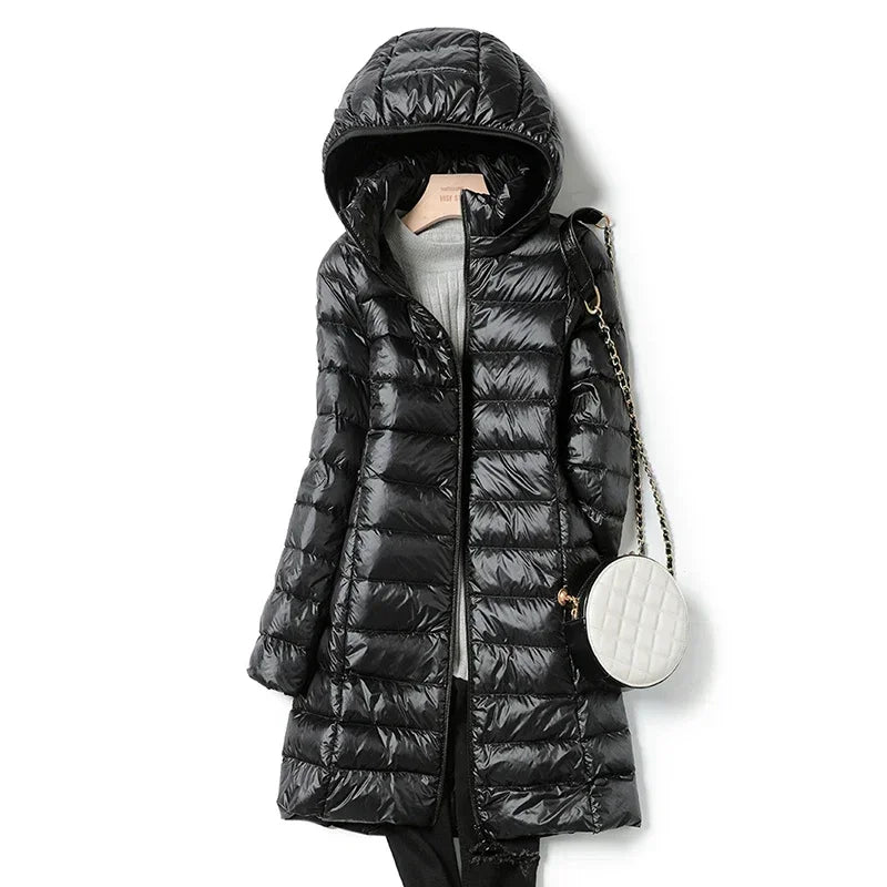 Fashionable Outerwear Winter Women Korean Fashion Slim Remove Hooded Parka Down Jackets Long Light Thin Coat Puffer Jacket