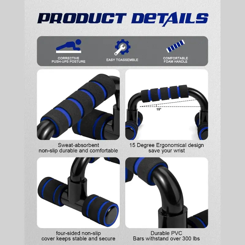 Barras de flexiones en forma de H de PVC negro y azul con empuñaduras de espuma, diseñadas con soporte ergonómico para el entrenamiento de fuerza.