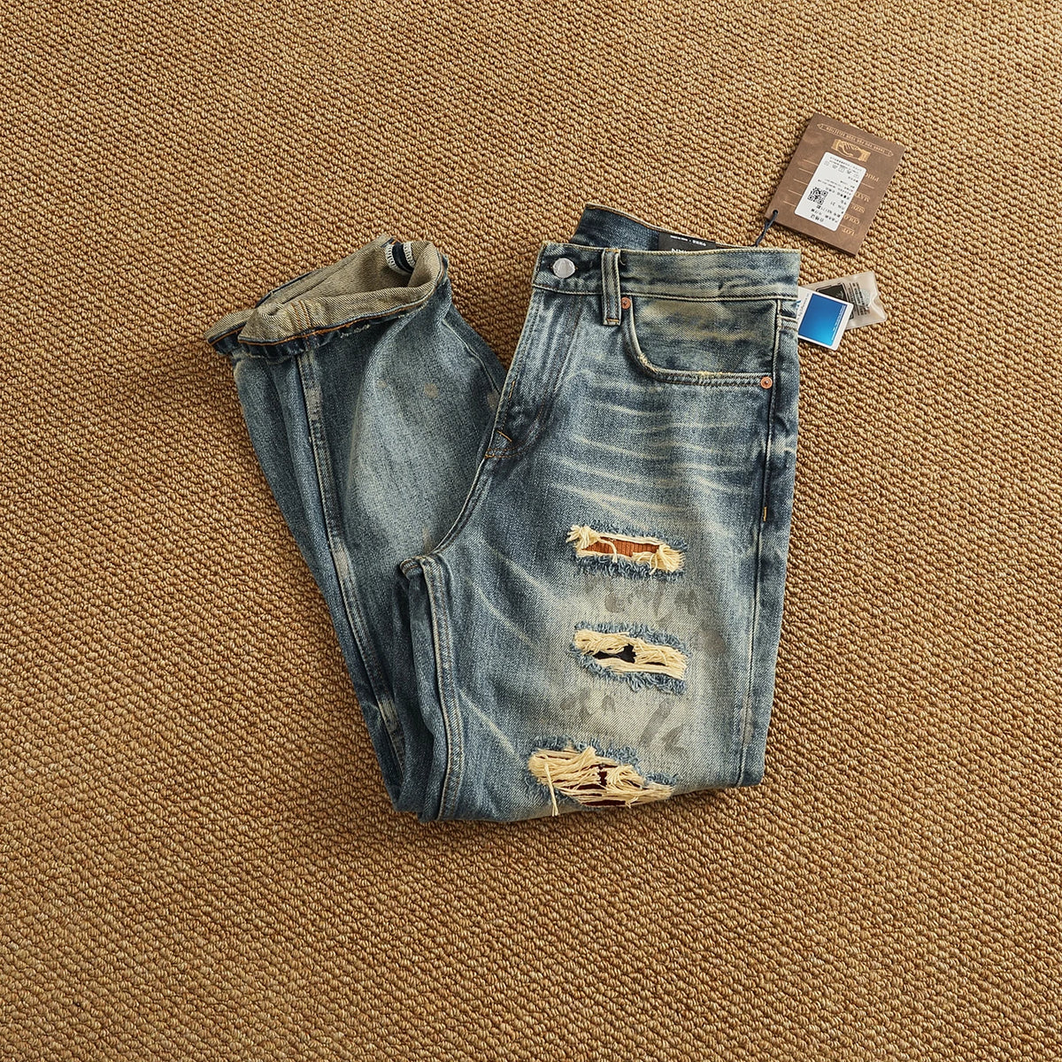 High Quality Heavyweight Denim Pants Men's High Street Trendy Patch-Distressed Whiskering Artisan Washed Tapered Straight Jeans