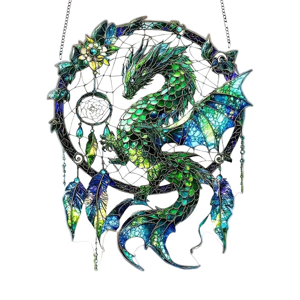 A vibrant green and blue dragon acrylic dream catcher with intricate scales and feathers viewed from the front
