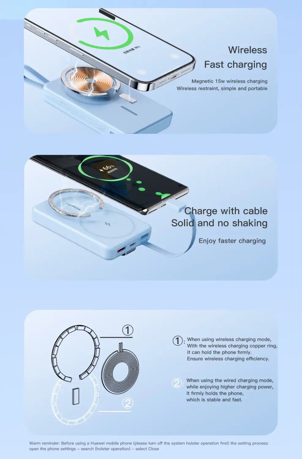 Light blue magnetic power bank wireless charging pad with copper coil ring and usb ports supporting 5v=3a and 9v=2a fast charging features.