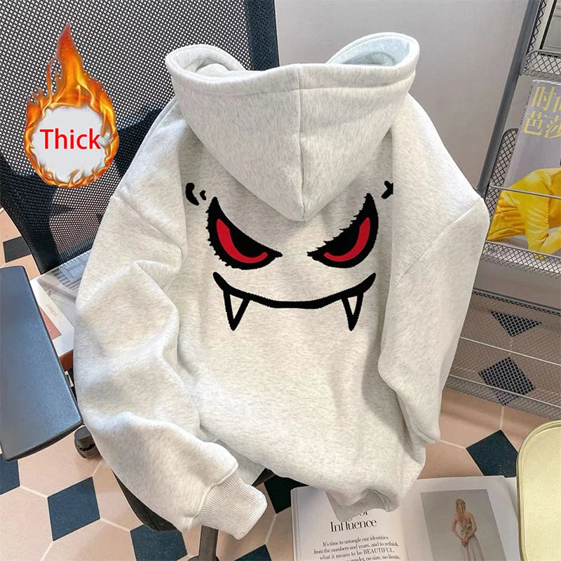 Cute Loose Hoodies Women Thick Warm Long Sleeve High Street Sweatshirts Fall Lazy Wind Female Casual White Gray Outwear Tops New