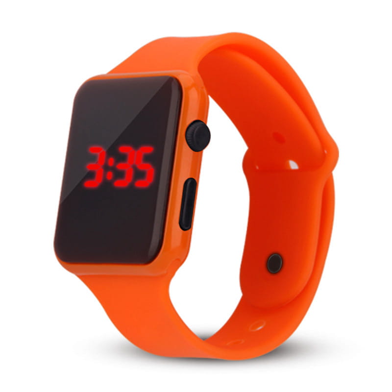 Reloj deportivo de silicona color naranja brillante para hombres y mujeres con pantalla LED digital negra rectangular que muestra números rojos, diseñado para un uso casual.