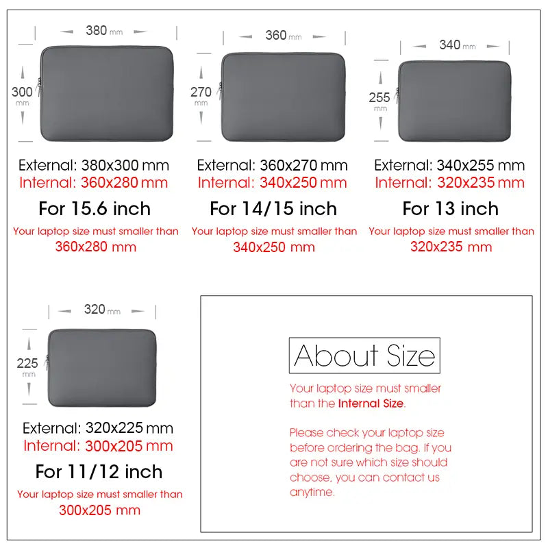 gray neoprene laptop sleeve with 360 degree protection case designed for 13 to 15.6 inch laptops in a sleek minimalist style with precise internal dimensions.