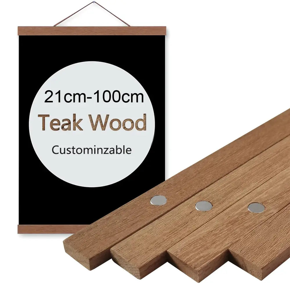 Teak wood magnetic photo frame with black backing and customizable size options for wall art display.