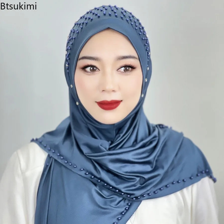 New Women's Headscarf Convenient Pullover Caps Muslim Hijabs Bead Scarf Malay Solid Color Long Shawls Islam Head Warp for Women