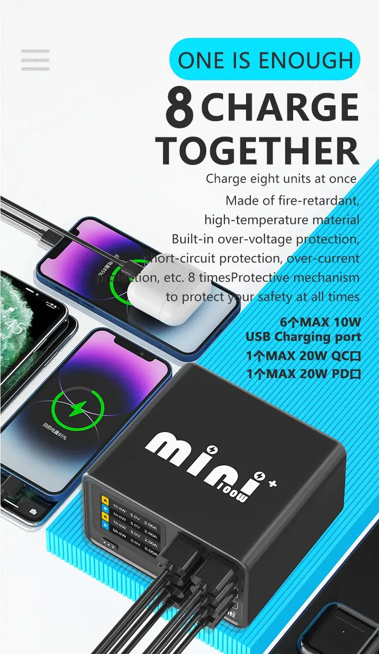black rectangular mini room usb charging station 100w with multiple ports and digital display designed as a desktop charging station with advanced safety features and charging block functionality
